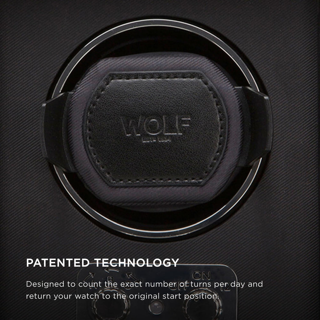 WOLF Heritage Single Winder with Glass Cover, Black - Secure Fit with Patented Lock-in Dynamic Cuff - for Bigger, Heavier Watche