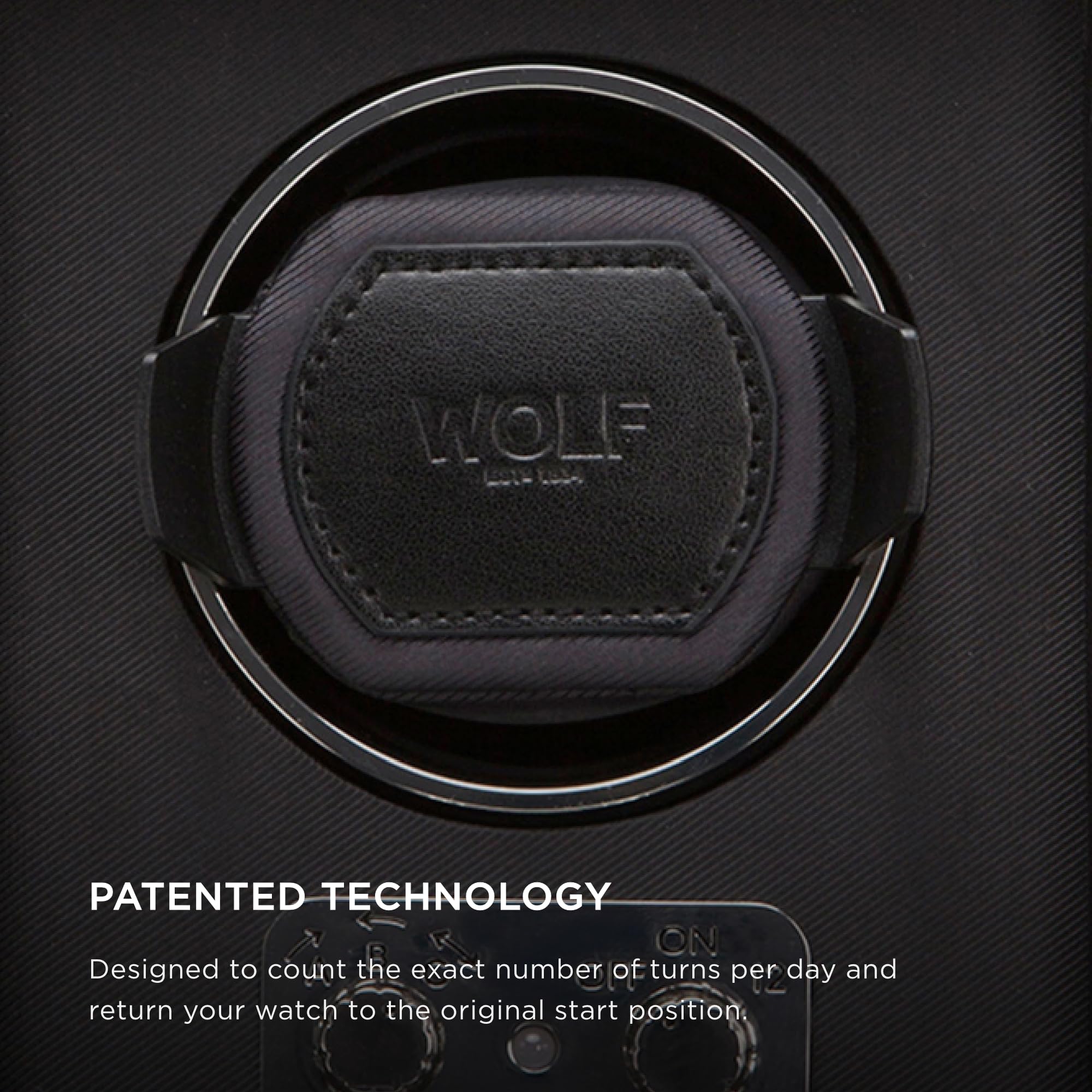 WOLF Heritage Single Winder with Glass Cover, Black - Secure Fit with Patented Lock-in Dynamic Cuff - for Bigger, Heavier Watche