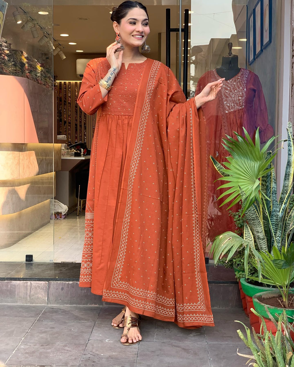 ANNI DESIGNER Women s Anarkali Viscose Kurta with Trousers and Dupatta, Orange, XL