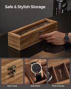 SONGMICS Watch Box, 6-Slot Watch Case, Solid Wood Watch Box Organizer with Glass Lid, Rustic Walnut UJOW006K01