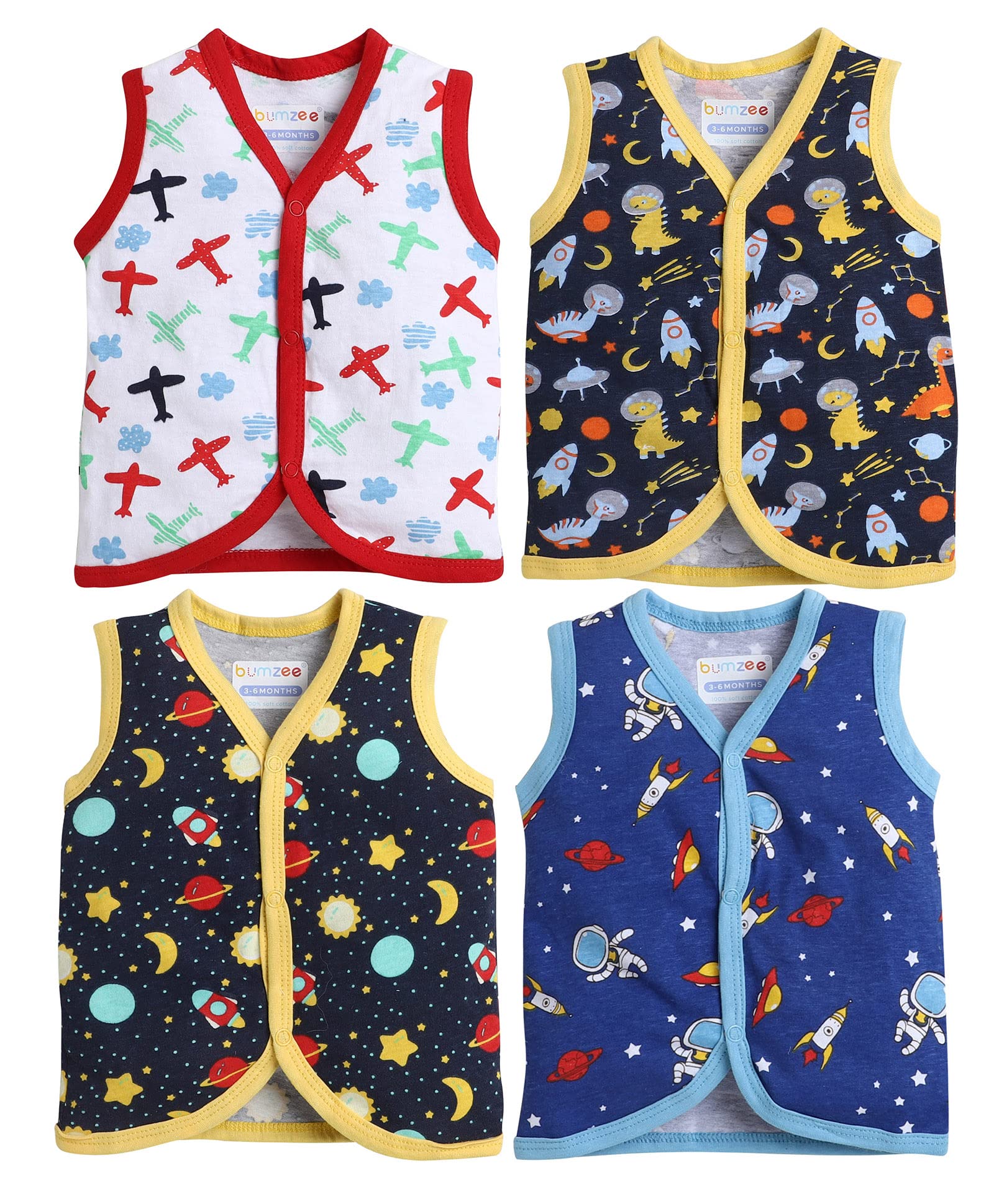 BUMZEE Multicolor Front Open Sleeveless Jablas for Baby Boys Pack of 4 Age - 3-6 Months