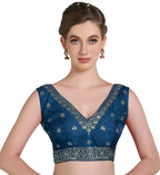 Pujia Mills WomenS Indian Ethnic Wear Designer Golden Zari With Embroidery Sequence Work V Neck Sleeveless Readymadeback Side W