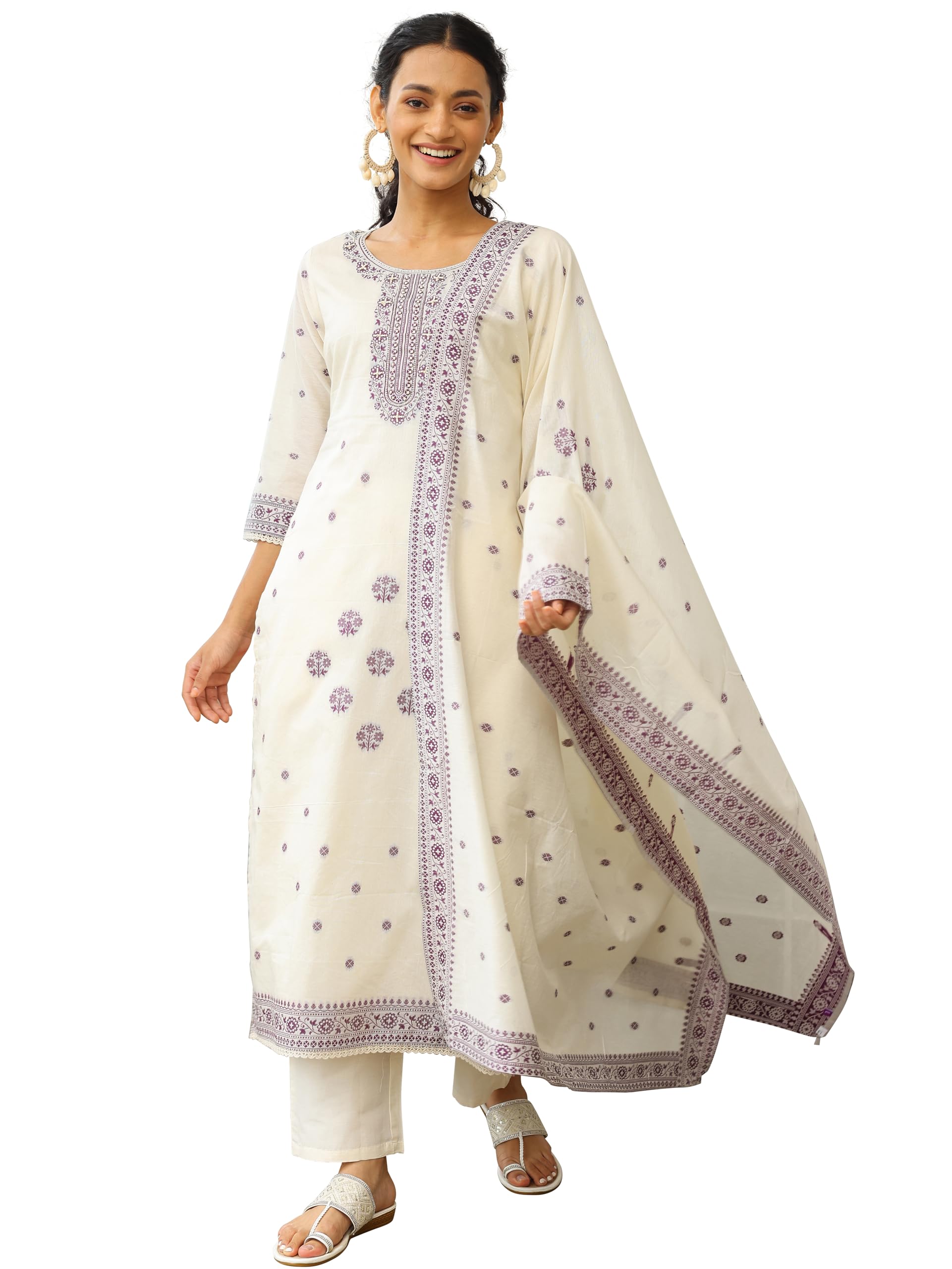 Libas Women Chanderi Silk Woven Regular Fit Design Kurta Sets (27660_Off White, Small)