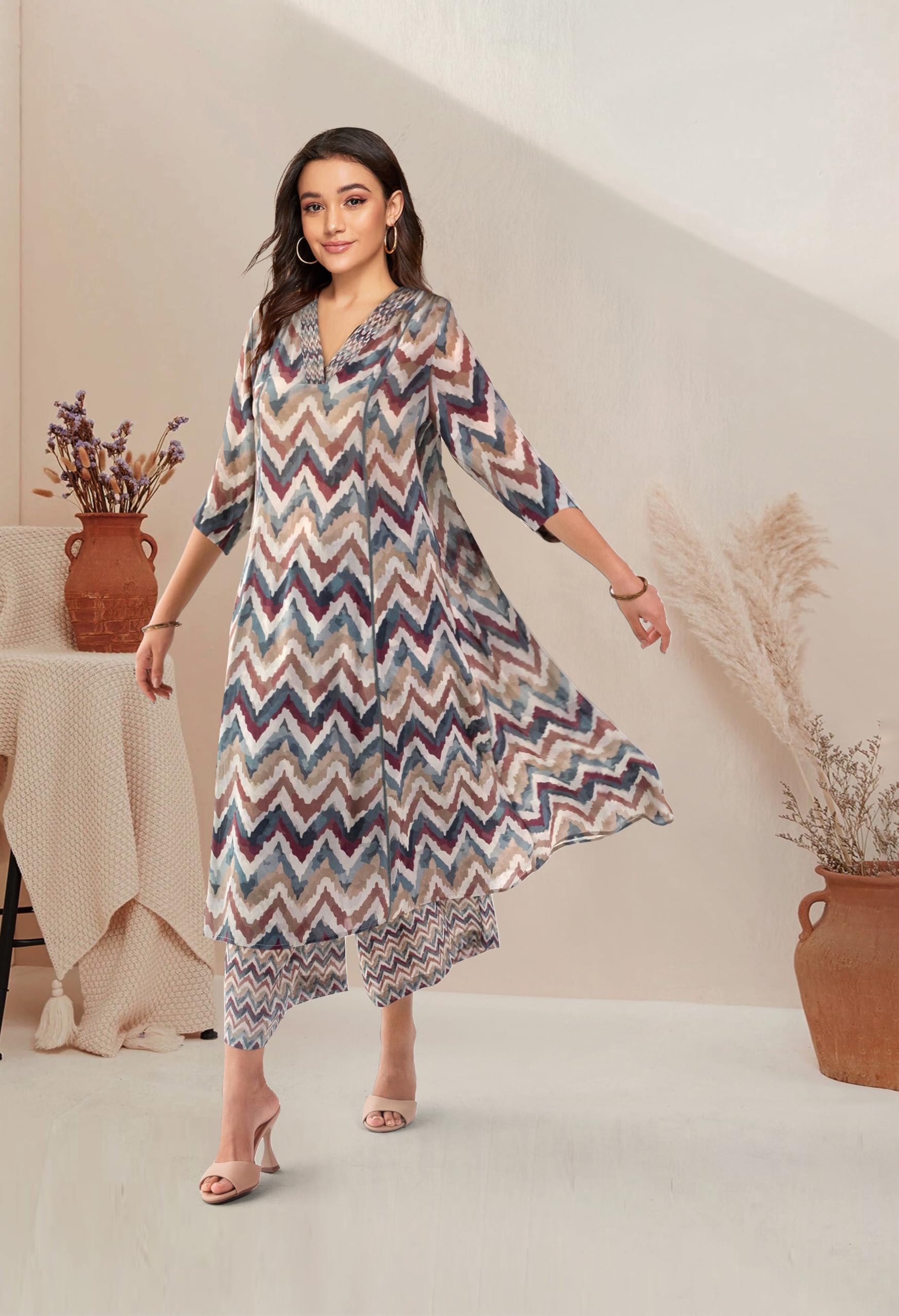 Toochki Kurta Sets For Women | Cotton Rayon | A Line Two Piece Kurtis | Anarkali | Multicolor Kurti Set | Chevron Printed Kurtas