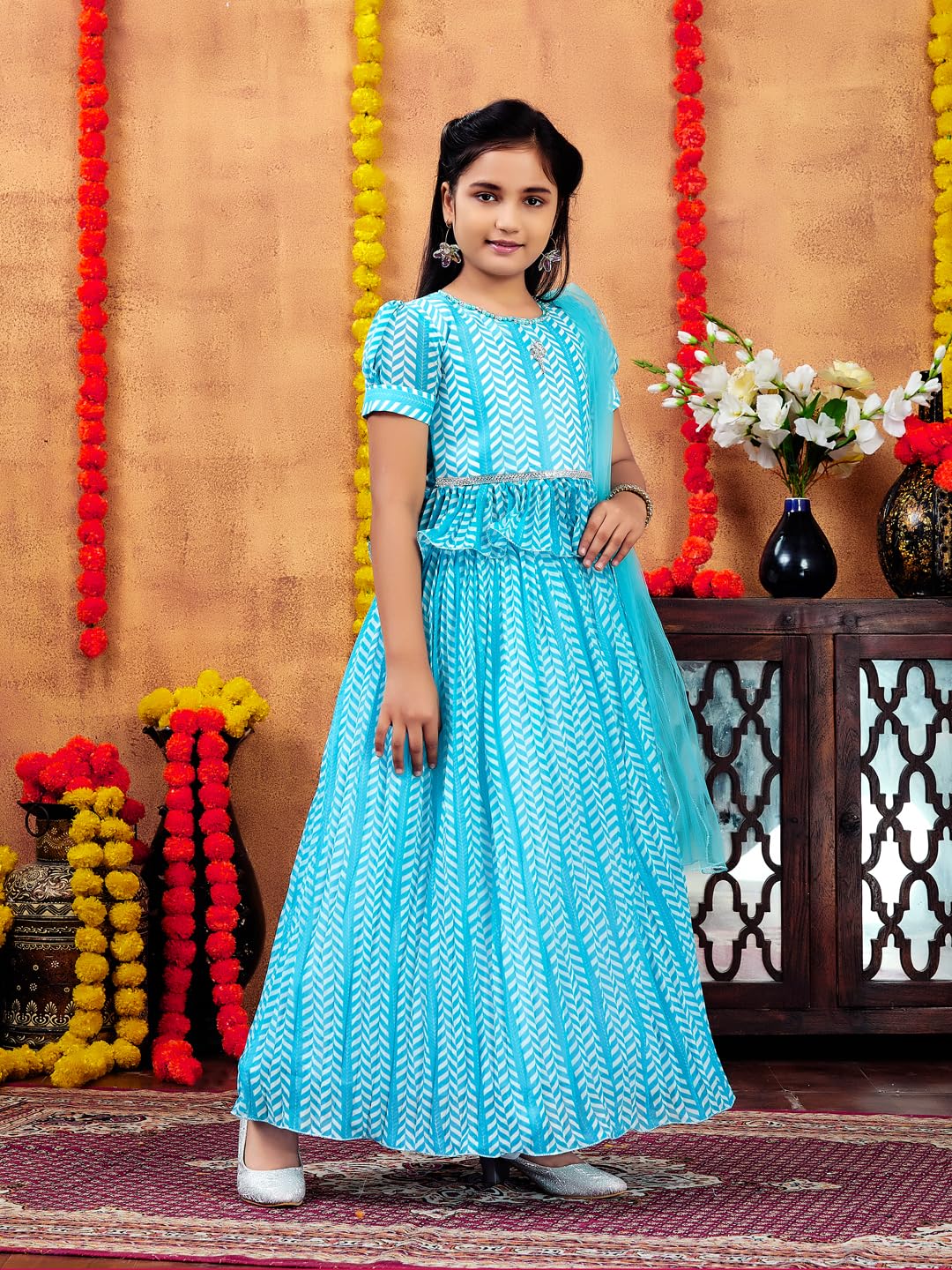 Aarika Girls Ethnic Wear Turquoise Colour Zig Zag Printed Georgette Lehenga Choli Set (4-10 Years)