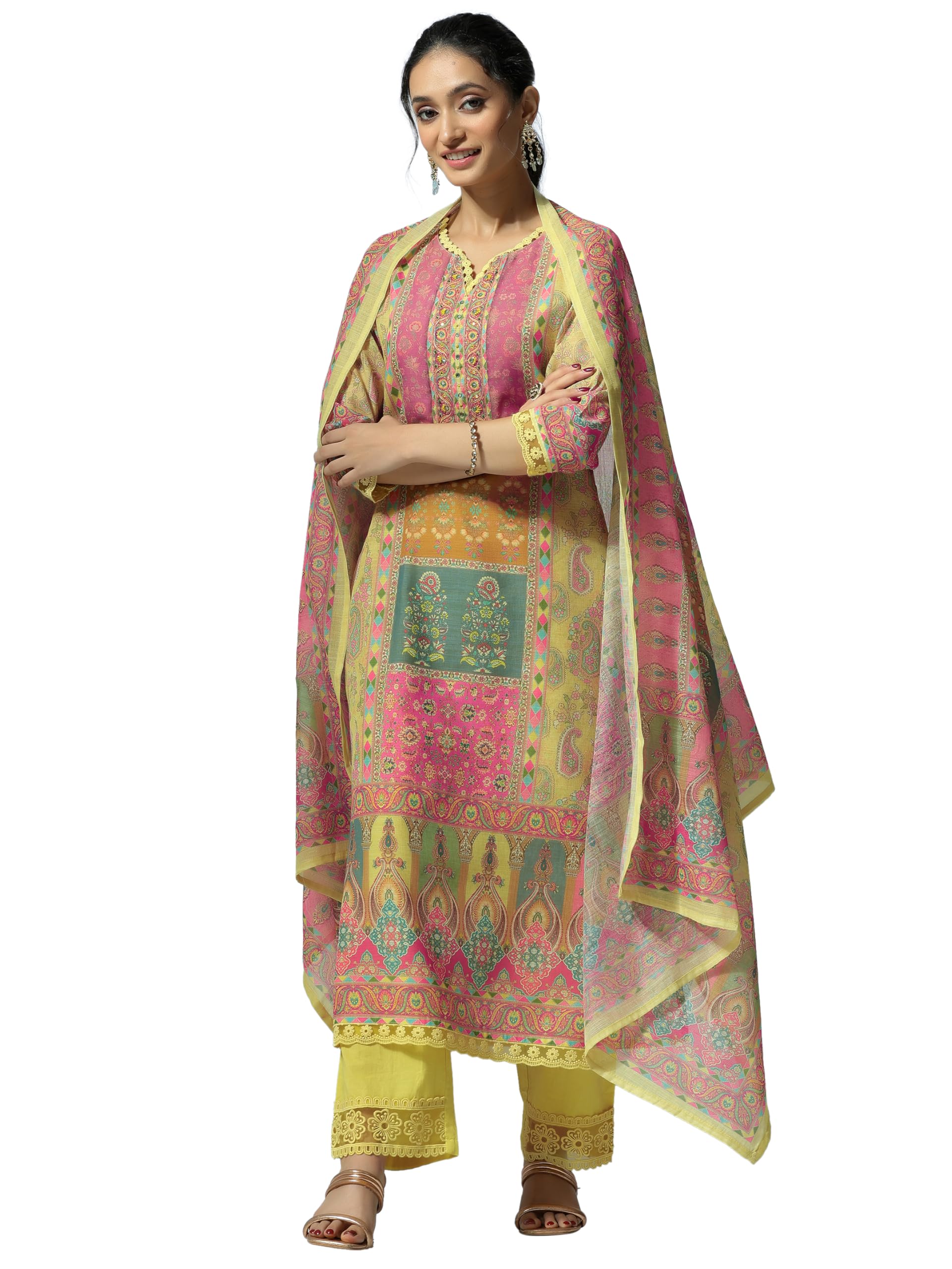 Libas WomenS Linen Printed Regular Fit Kurta Sets (48864_Yellow_L)