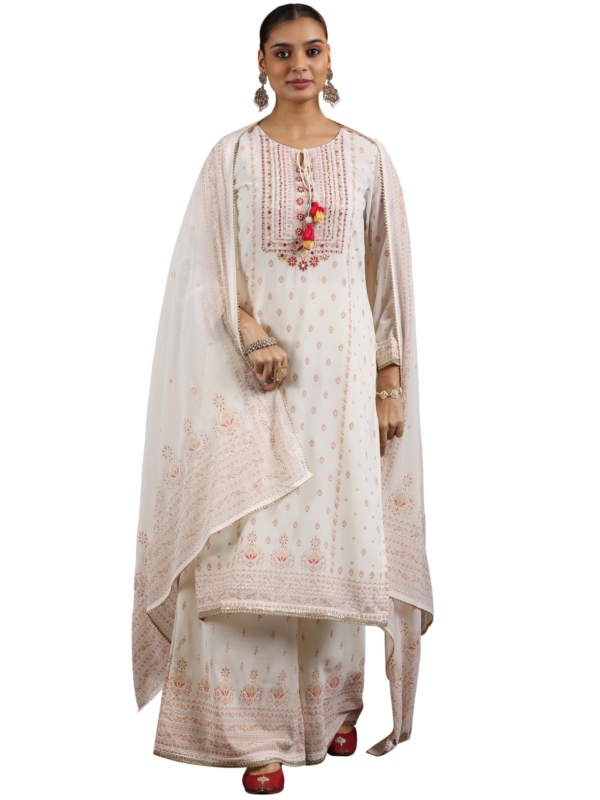 Libas Womens Printed Georgette Straight Kurta With Palazzos And Dupatta