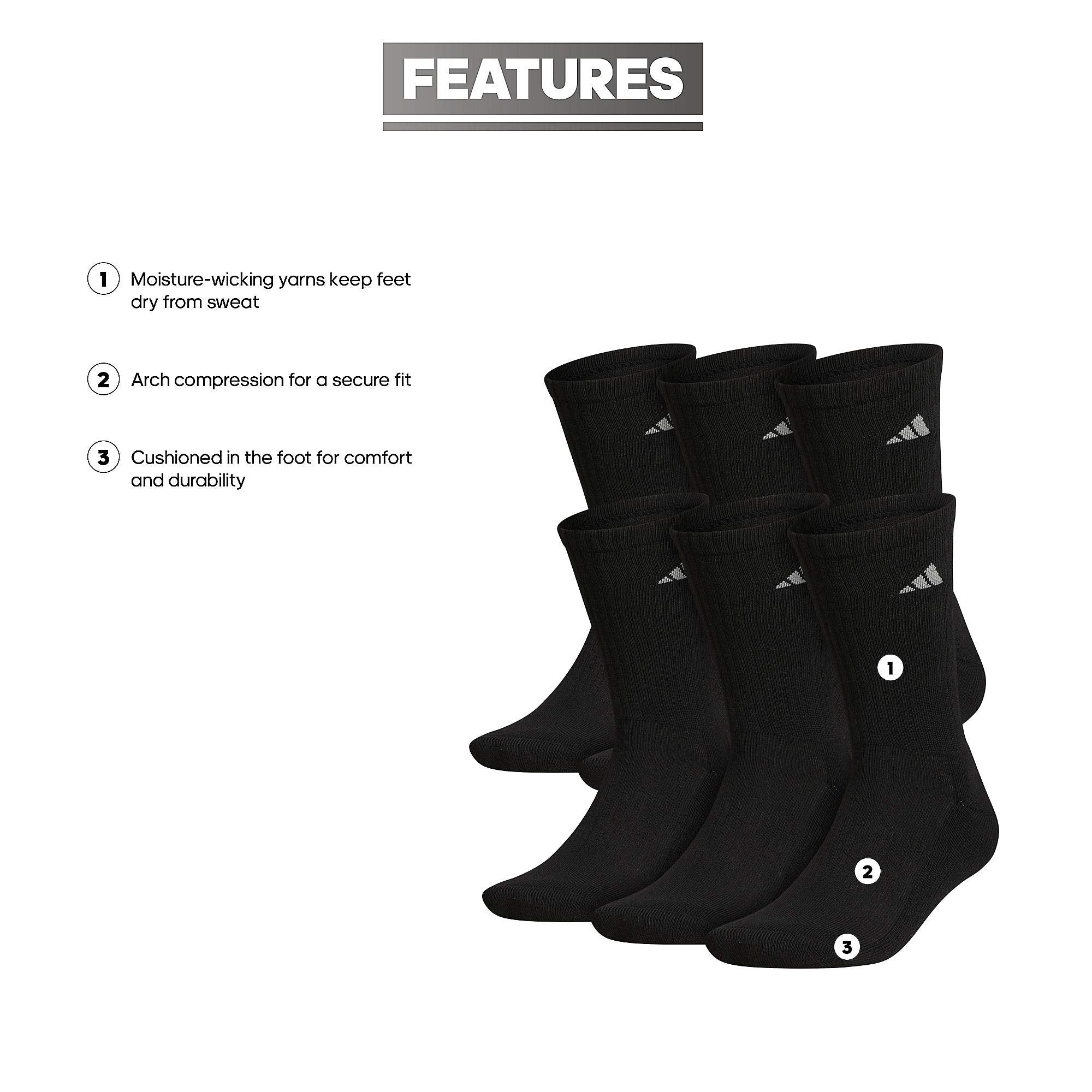 adidas Men's Athletic Cushioned Crew Socks with Arch Compression for a Secure fit (6-Pair), Black/Aluminum 2, X-Large