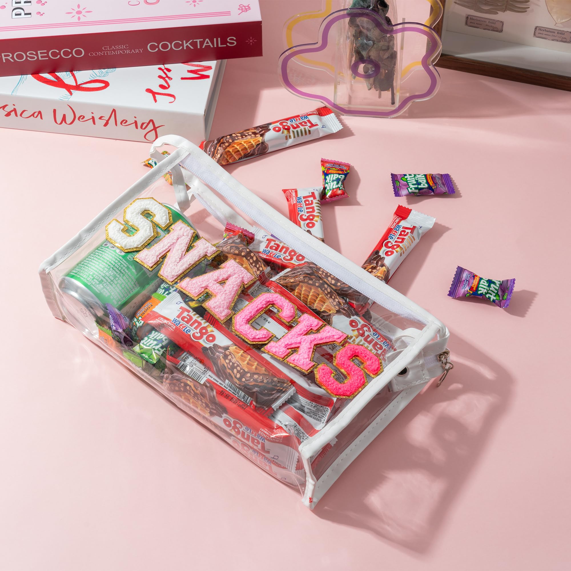 Y1tvei Large Clear SNACKS Pouch - Preppy Patch Rose Red Chenille Varsity Letter PVC Transparent Extra Large Cosmetic Makeup Bag