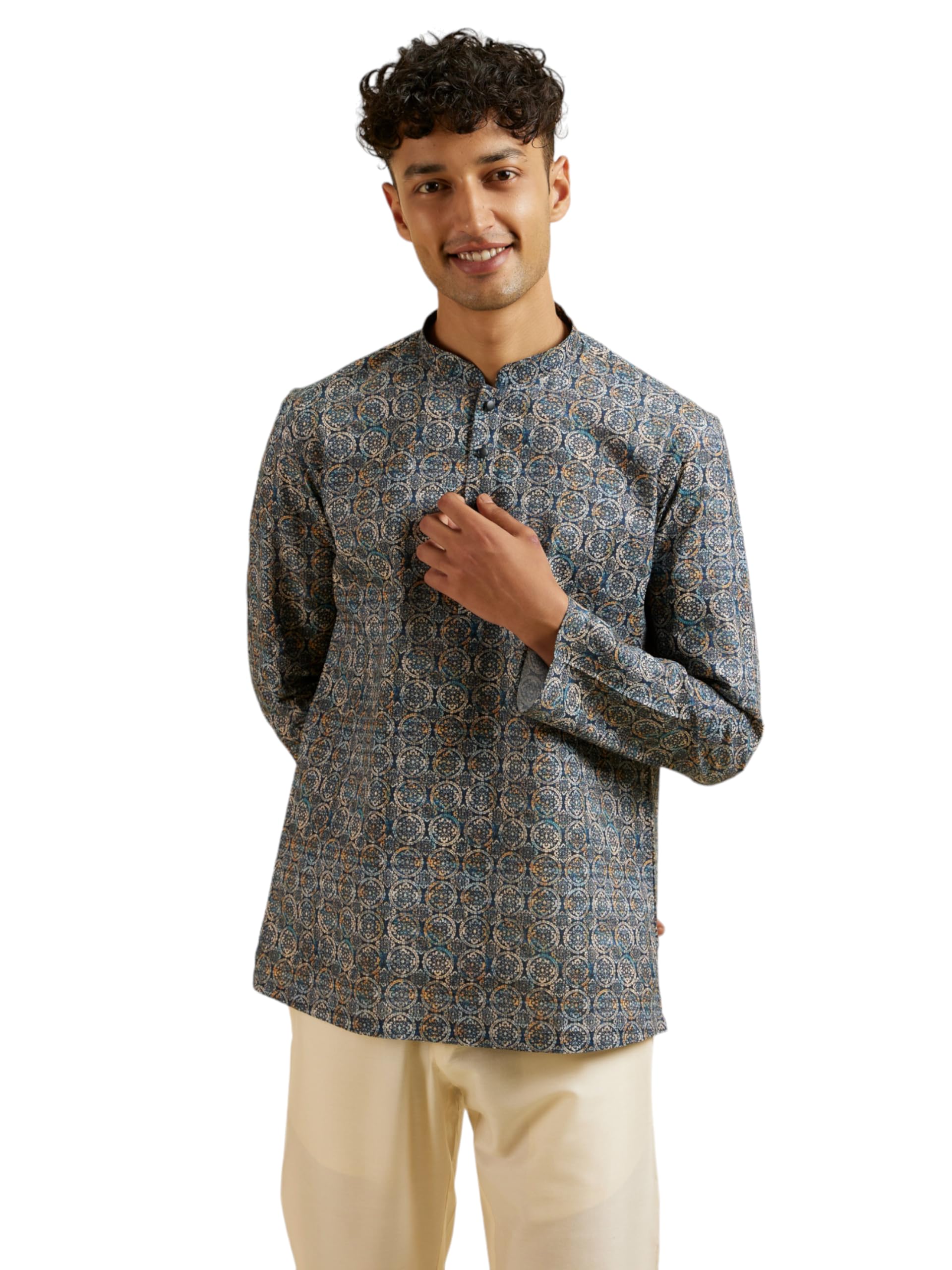 Manyavar Mens Cotton Digital Print Short Kurta (Blue,L)