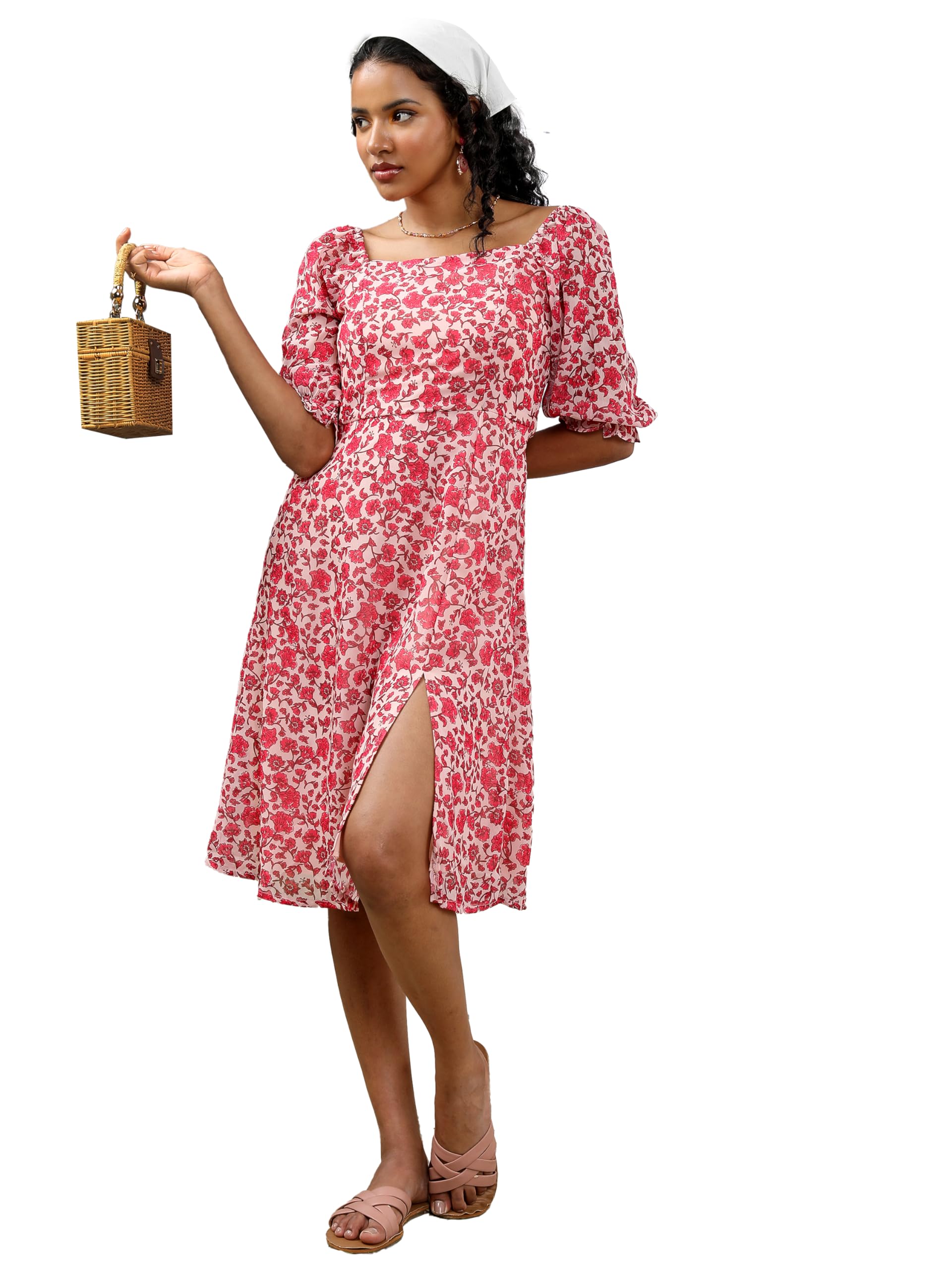 Ketch WomenS Cotton Blend Fit And Flare Midi Dress Knee-Length Khj6000625_Pink/White/Multi