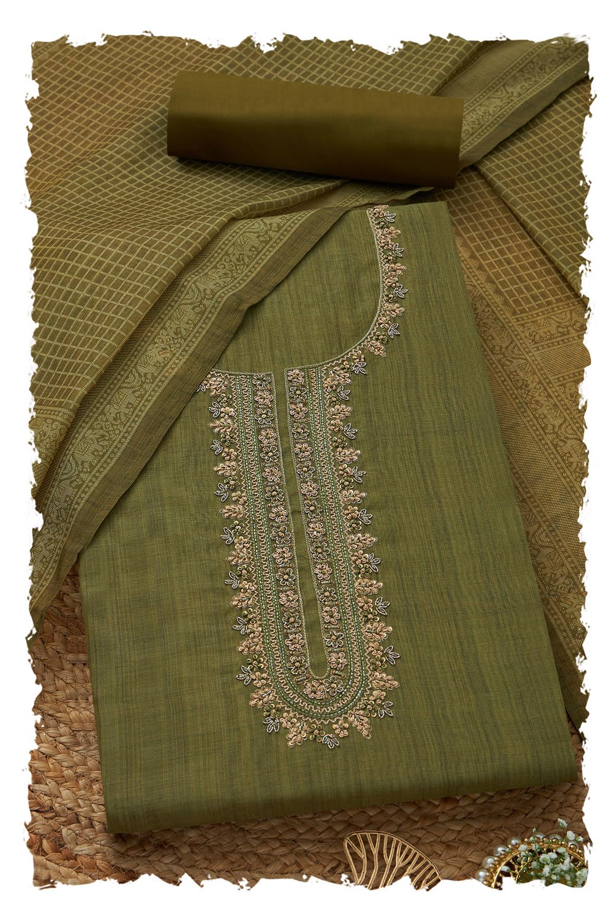 Soch Women Linen Shimmer Embroidered Unstitched Dress Material with Sequins