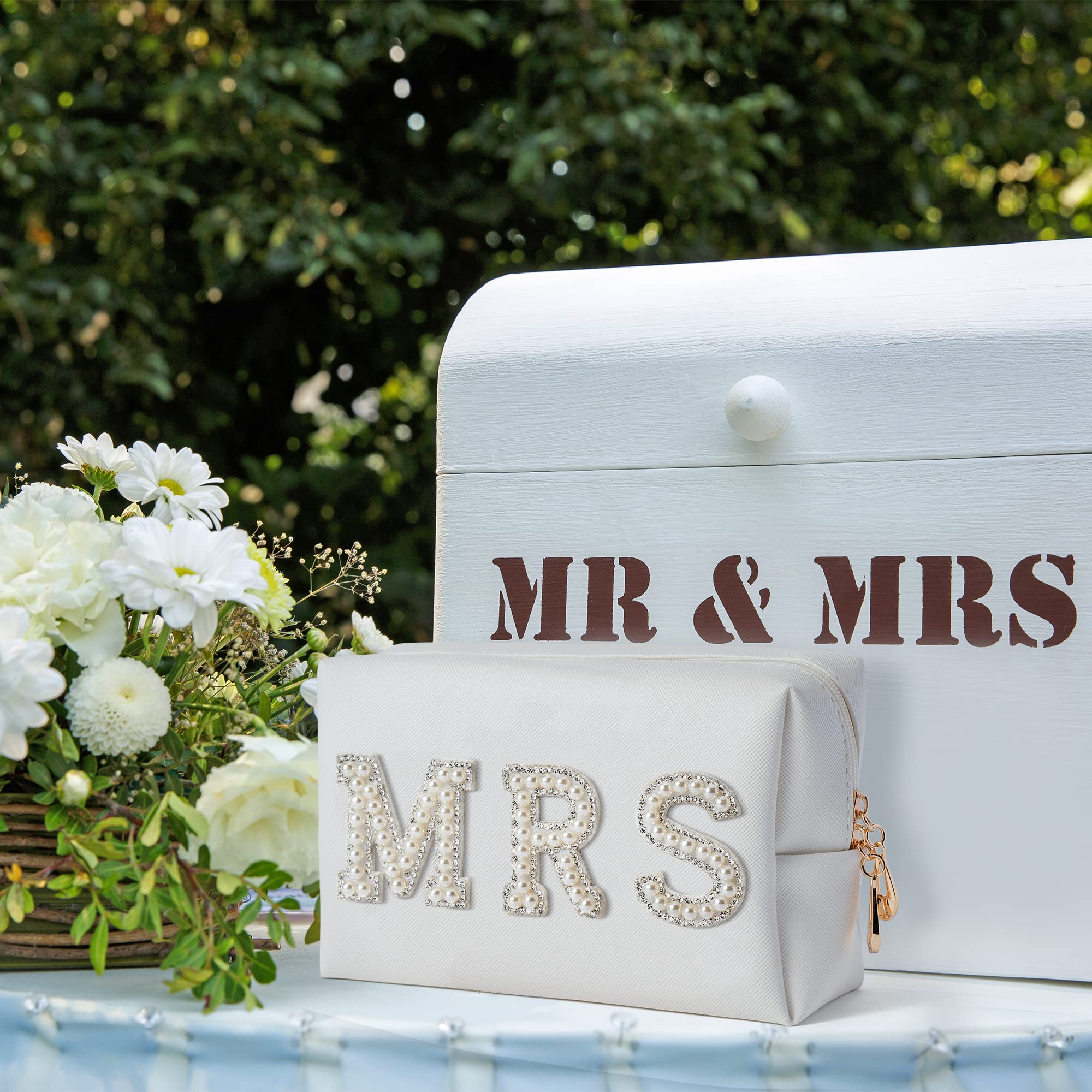 Y1tvei Mrs Cosmetic Large Bag - White Patch Varsity Letter MRS Toiletry Big Bag Pearl Rhinestone Letter Patches Big Makeup PU Ba