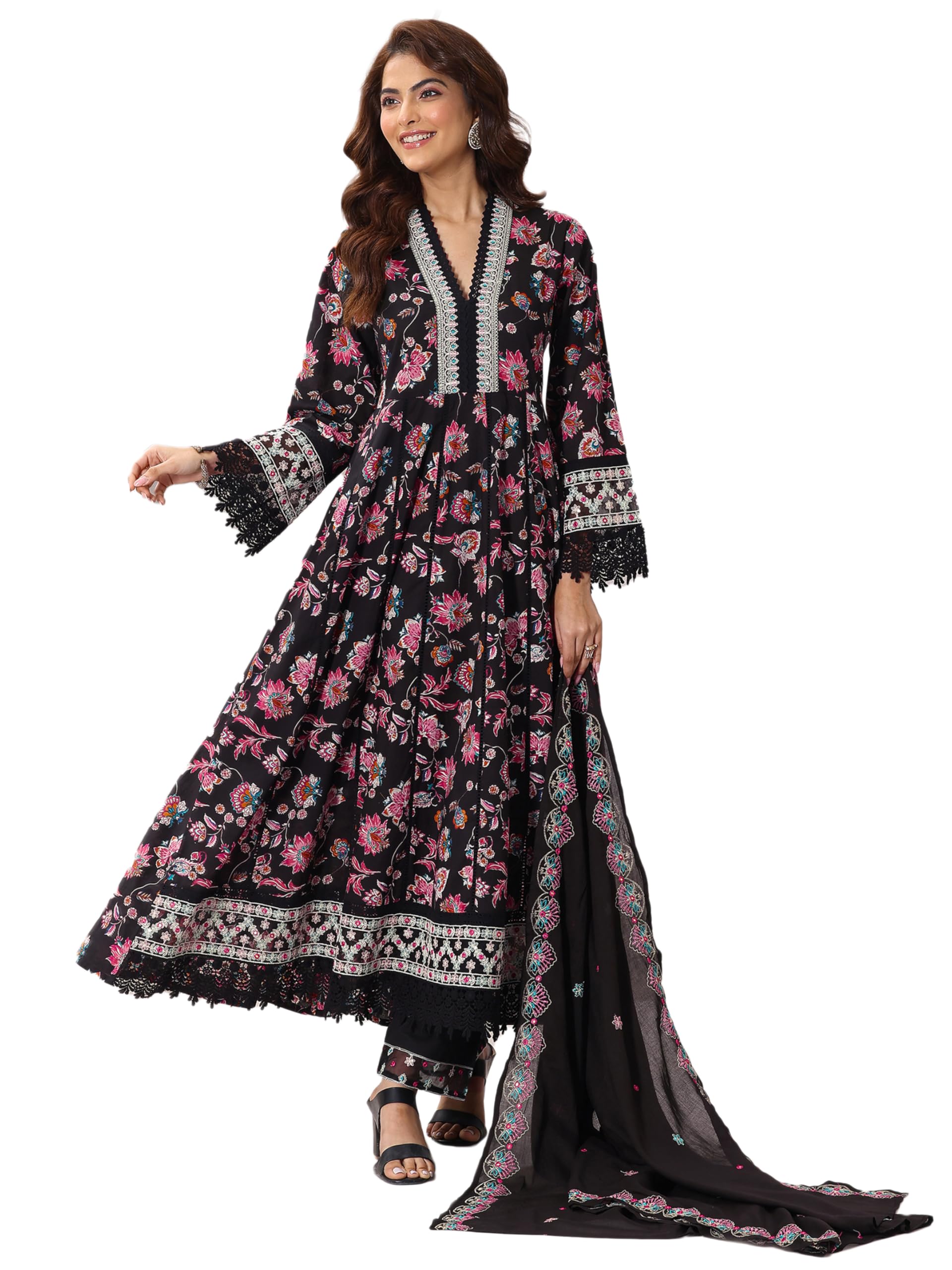 Black Floral Printed Anarkali Kurta With Solid Trouser And Floral Dupatta
