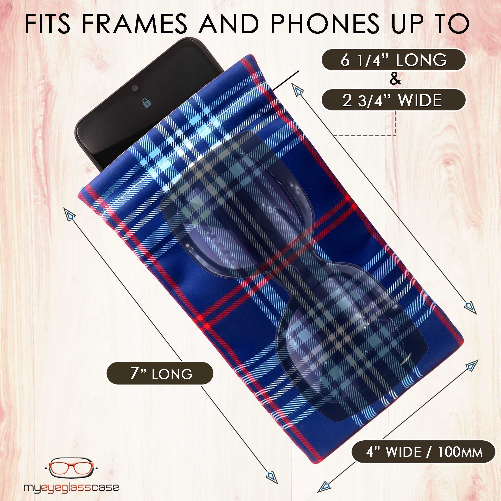 MyEyeglassCase Soft Sunglasses Case - Large Glasses Holder in Microfiber Plaid Print - XL Squeeze Top Eyeglass Pouch with Cloth