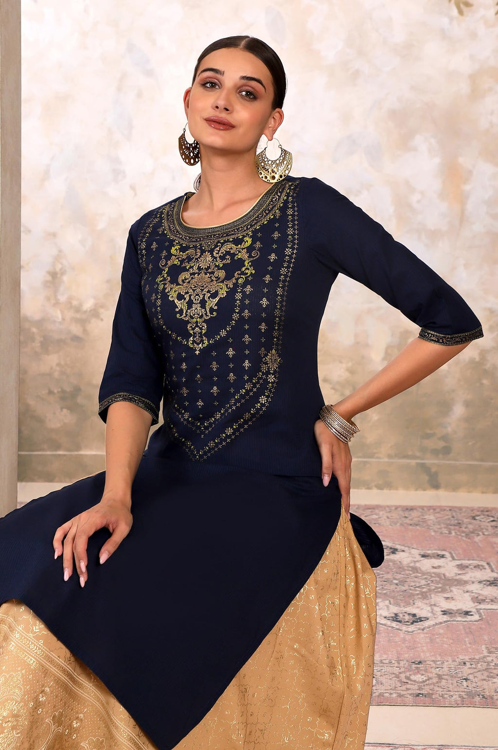 Aurelia Blue Foil Pattern Cotton Straight Long Kurta