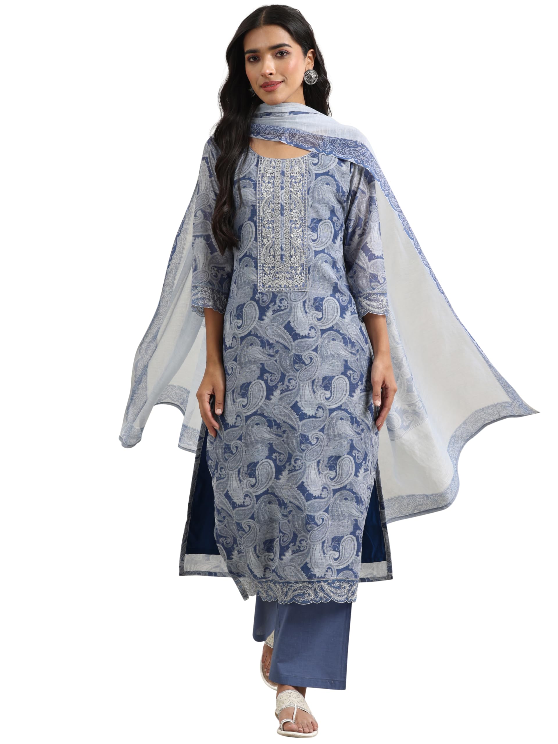 Libas Womens Printed Linen Straight Kurta With Palazzos And Dupatta