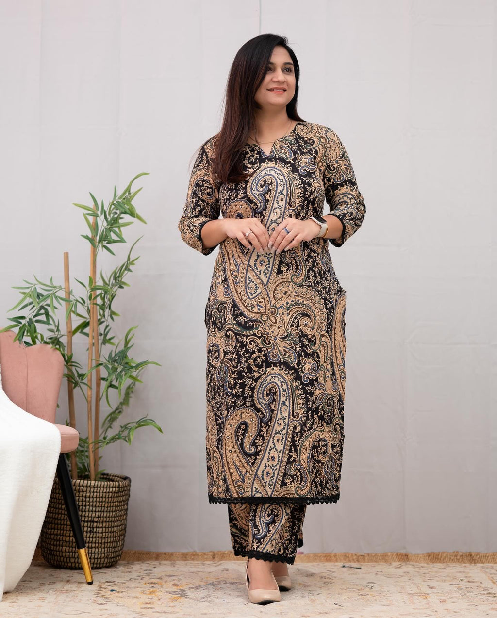 ANNI DESIGNER Palazzo women s viscose rayon printed straight kurta, Black, 44