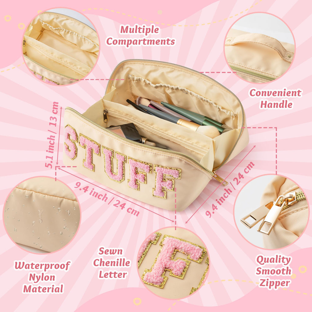 Y1tvei Travel Makeup Bag Gift, Large Capacity Cosmetic Bags, Nylon Stony Clover Makeup Bag Preppy Patch Makeup Bag Pink Stuff Ch