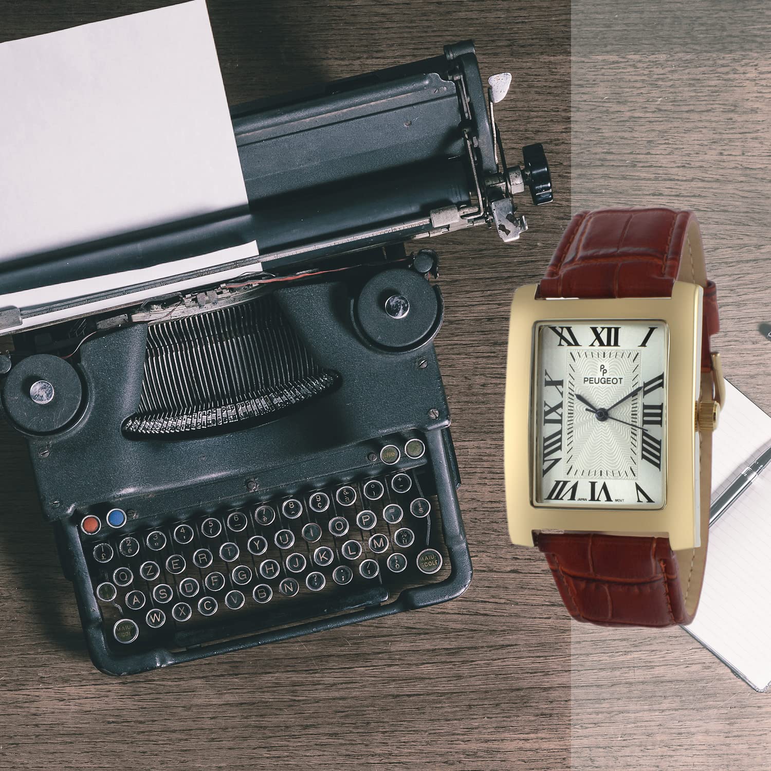 Peugeot Mens Vintage Tank Shape 14K Gold Plated Watch with Roman Numeral Dial