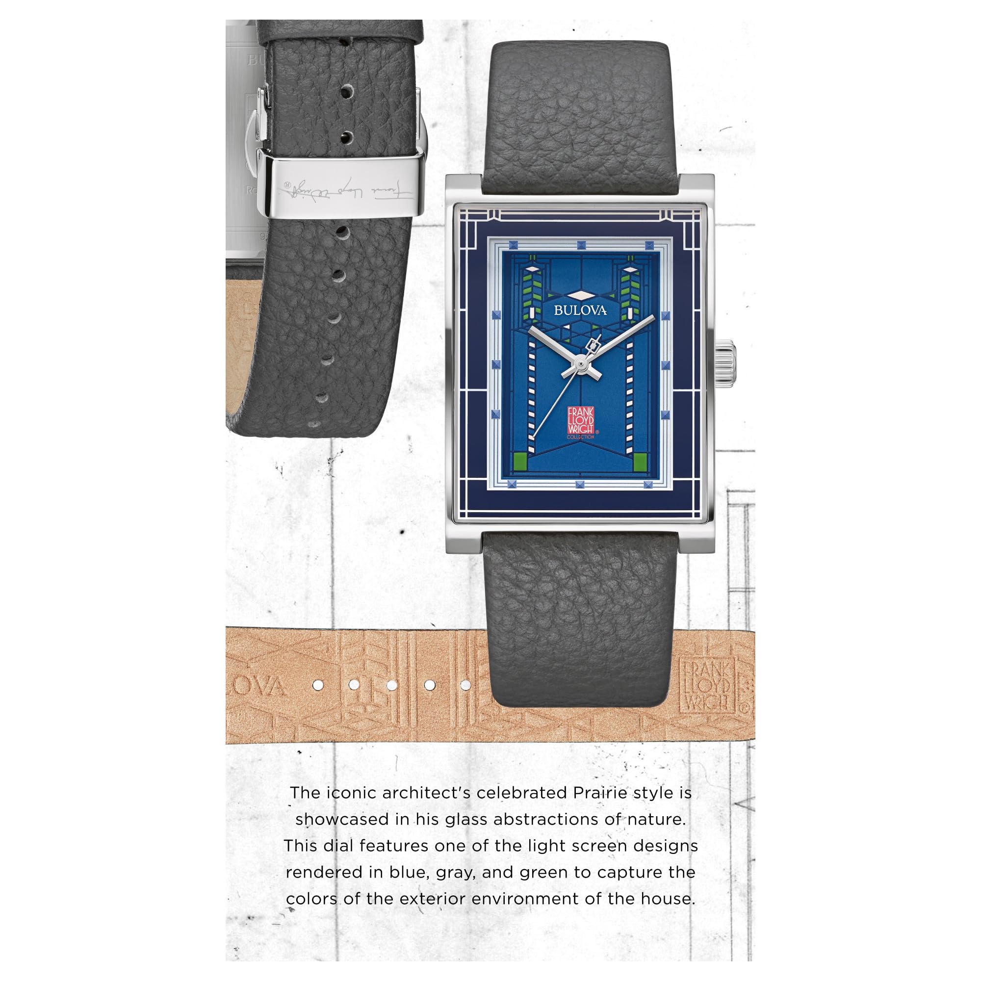 Bulova Frank Lloyd Wright Robie House Stainless Steel 3-Hand mens Quartz Watch, Gray Leather Strap Style: 96A287