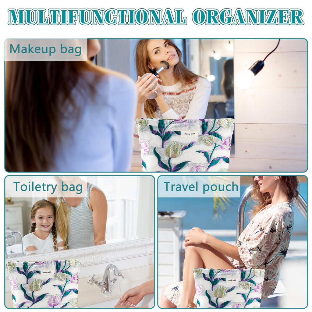 ZLFSRQ Tulip Makeup Bag Travel Cute Purple Flower Floral Cosmetic Bags for Women Large Embroidery Makeup Pouch Zipper Cosmetic P