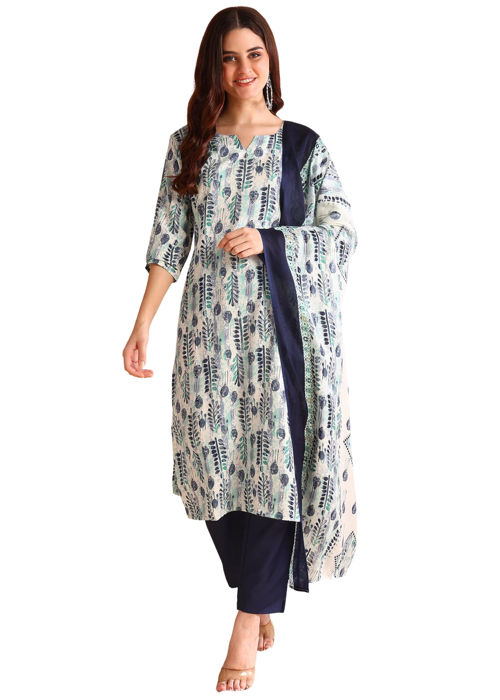 Memore WomenS Poly Rayon Floral Printed Kurta Pant Dupatta Set With V Neck 3/4 Sleeves Straight Calf Length And Soild Bottom El