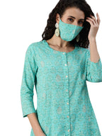 Ishin WomenS Cotton Blue Printed A-Line Kurta Trouser Set