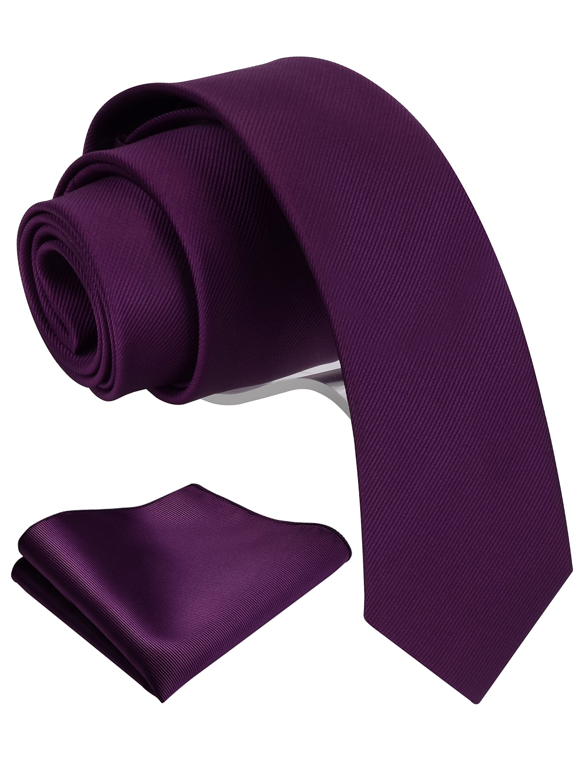 GUSLESON 2.4 Men's Skinny Solid Ties Eggplant Purple Slim Classic Necktie and Pocket Square Set (0754-06)