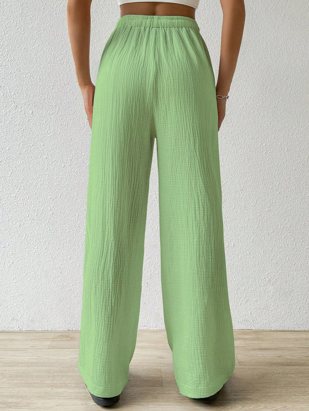 Shasmi Womens Pista Green Loose Wide-Leg Pants with Textured Wrinkled Fabric and Drawstring Waist Long Trousers (Pant 157 Pista