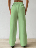 Shasmi Womens Pista Green Loose Wide-Leg Pants with Textured Wrinkled Fabric and Drawstring Waist Long Trousers (Pant 157 Pista