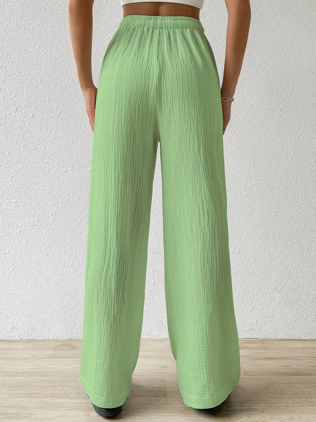 Shasmi Womens Pista Green Loose Wide-Leg Pants with Textured Wrinkled Fabric and Drawstring Waist Long Trousers (Pant 157 Pista