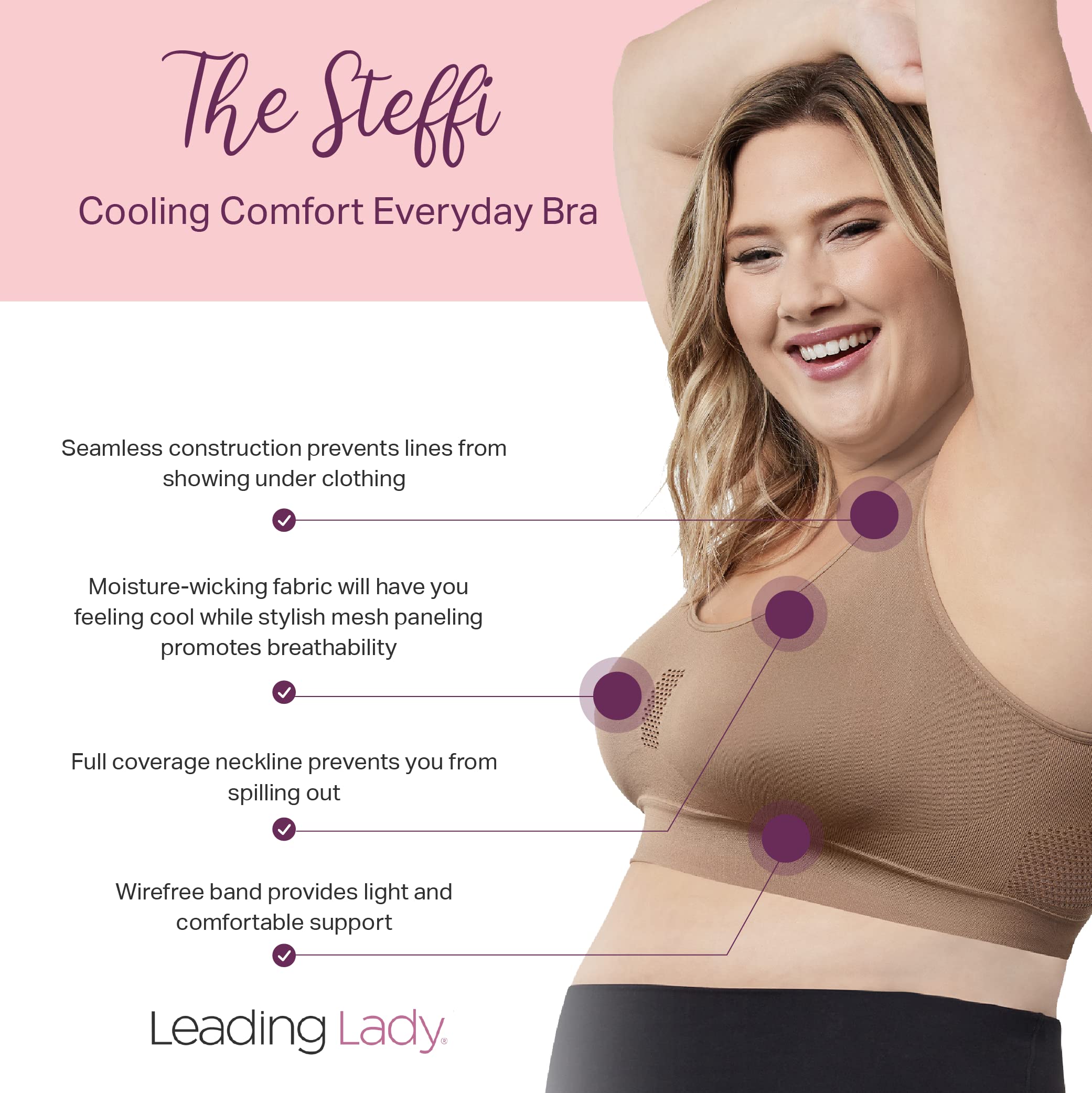 LEADING LADY Steffi Cooling Comfort Everyday Bra - Ultra Comfort Seamless Bra - Wirefree Bras for Women (Truffle, XL)