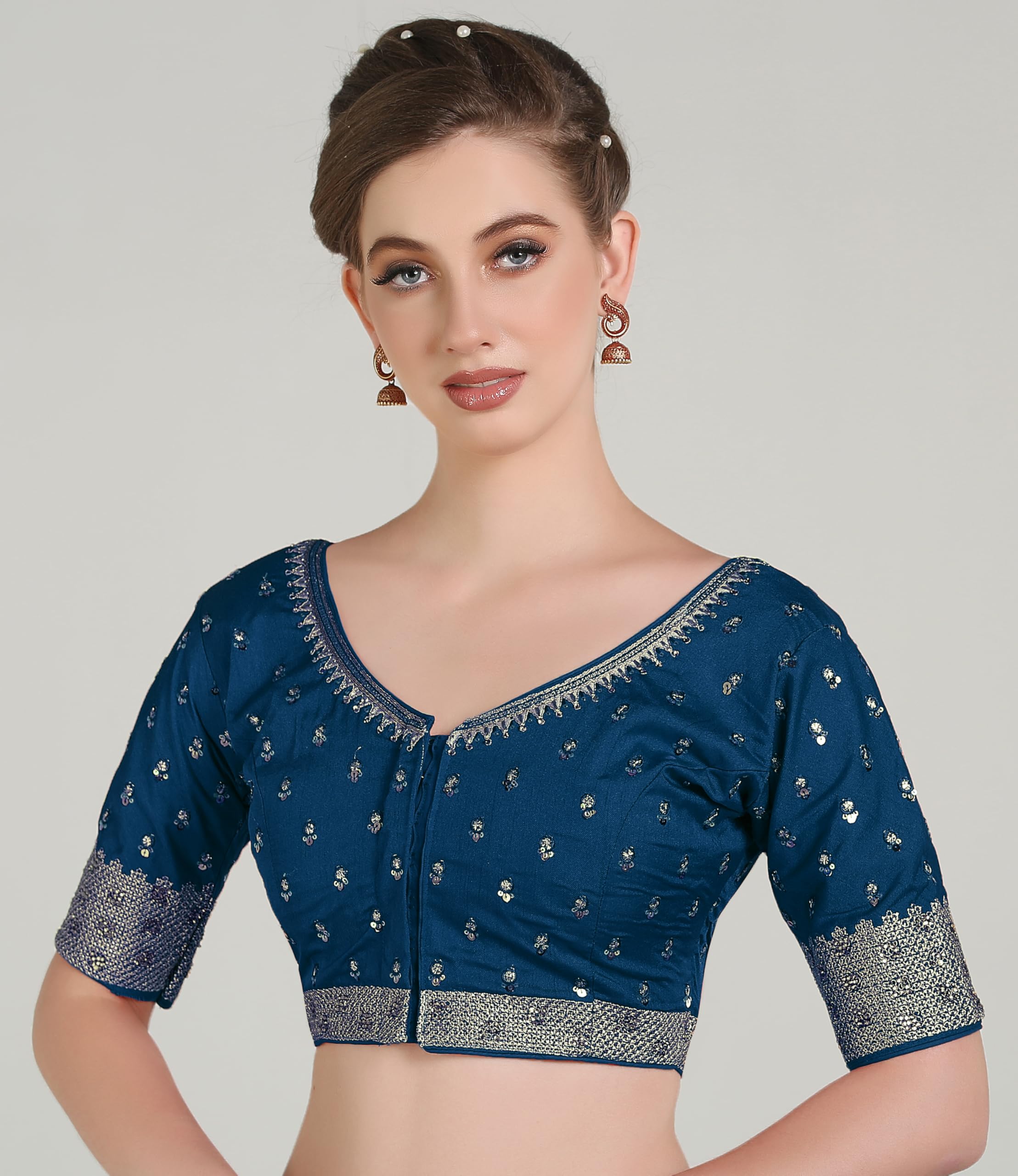Pujia Mills Women Indian Ethnic Wear Designer Golden Codding With Zari Embroidered Diamond Work Round Neck Half Sleeve Readymade