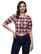 Miss Chase Womens Checkered Square Neck Puff Sleeves Polyester Ruffled Short Top(MCSS23TP14-28-305-06, Maroon and White, XL)