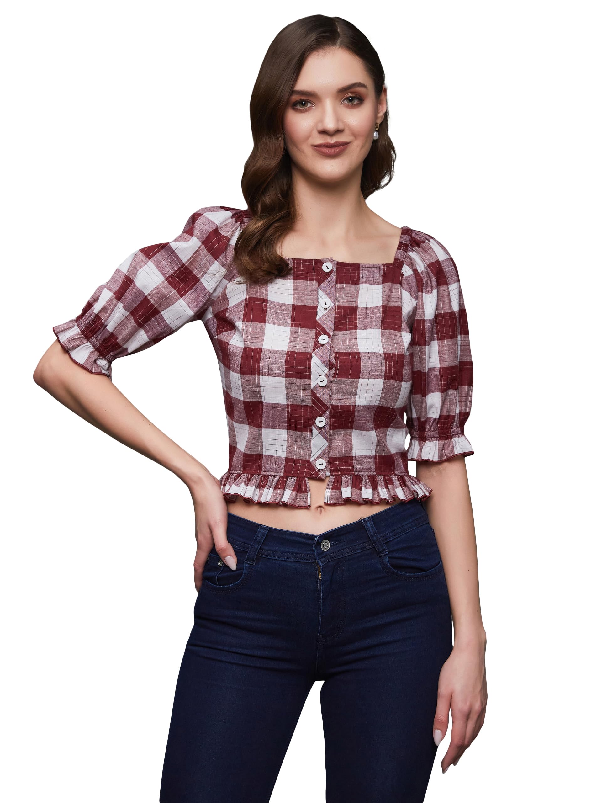 Miss Chase Womens Checkered Square Neck Puff Sleeves Polyester Ruffled Short Top(MCSS23TP14-28-305-06, Maroon and White, XL)