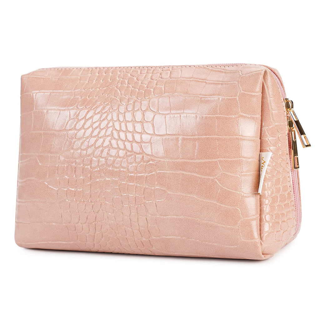 Narwey Large Vegan Leather Makeup Bag Zipper Pouch Travel Cosmetic Organizer for Women (Large, WX-Pink)