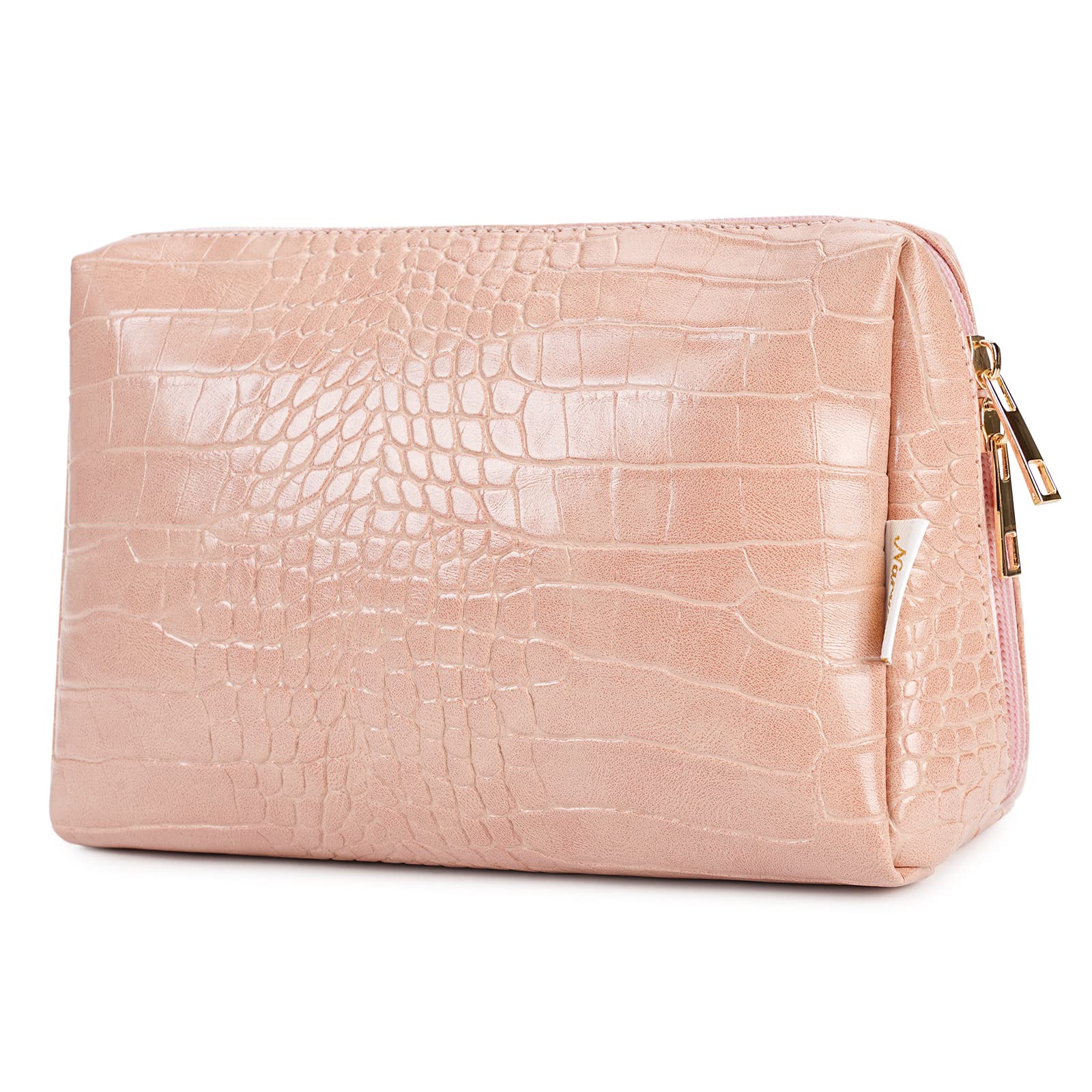 Narwey Large Vegan Leather Makeup Bag Zipper Pouch Travel Cosmetic Organizer for Women (Large, WX-Pink)