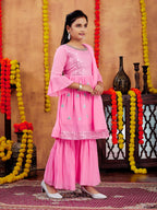 Aarika Girls Ethnic Wear Gajri Colour Sequins Embroidery Georgette Kurti Sharara Set (5-11 Years)