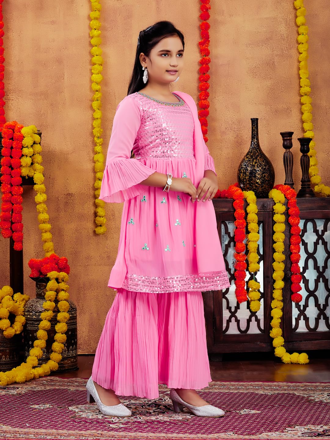 Aarika Girls Ethnic Wear Gajri Colour Sequins Embroidery Georgette Kurti Sharara Set (5-11 Years)