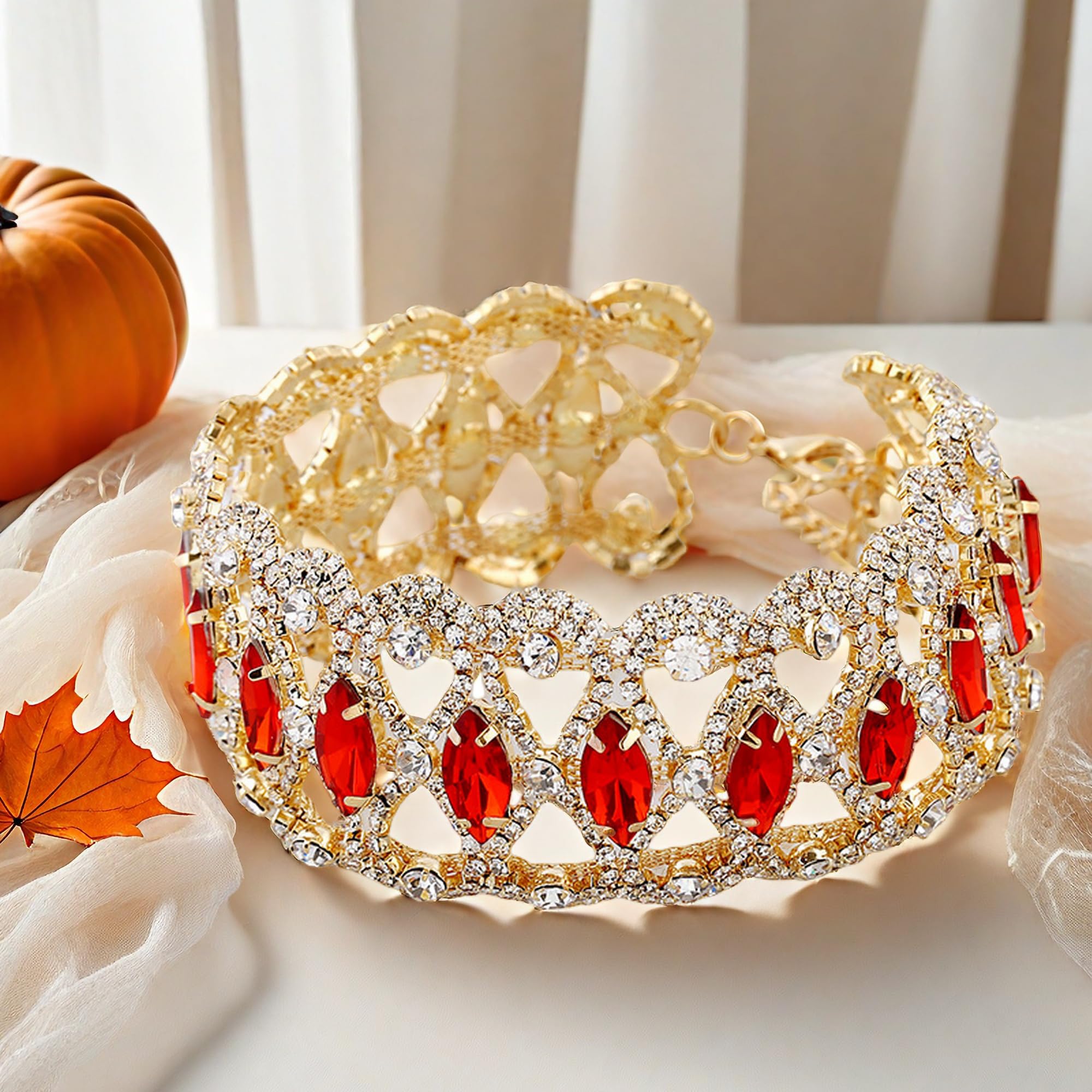 NABROJ Choker Necklace Halloween Jewelry for Women,Gold Chunky Diamond Red Rhinestone Ruby Choker Necklace Wide Necklaces Weedin