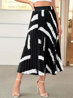 Kzully Polyester | Brush Print Pleated Skirts, Vintage Elastic Waist Midi Skirts, WomenS Clothing Black