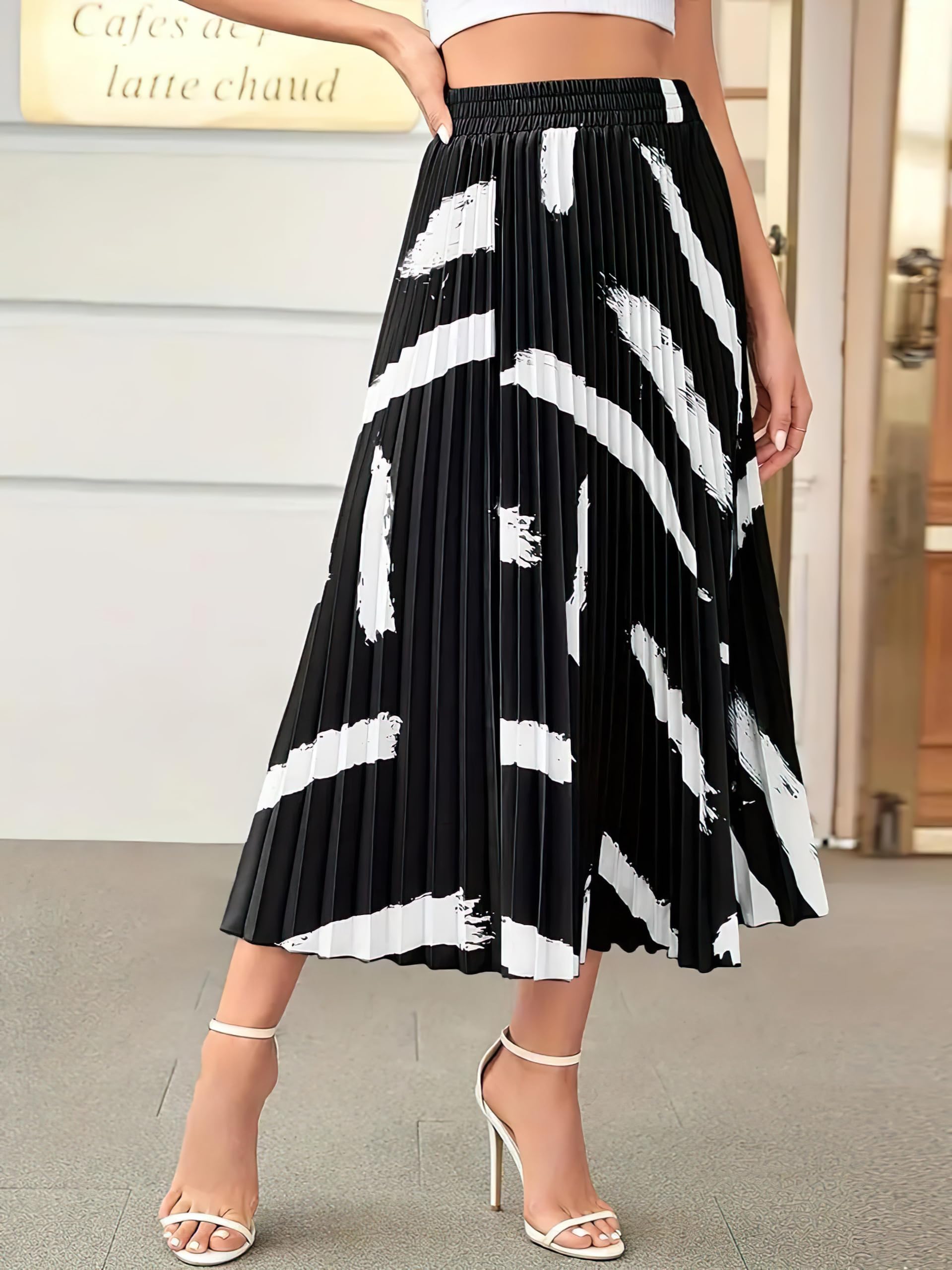 Kzully Polyester | Brush Print Pleated Skirts, Vintage Elastic Waist Midi Skirts, WomenS Clothing Black