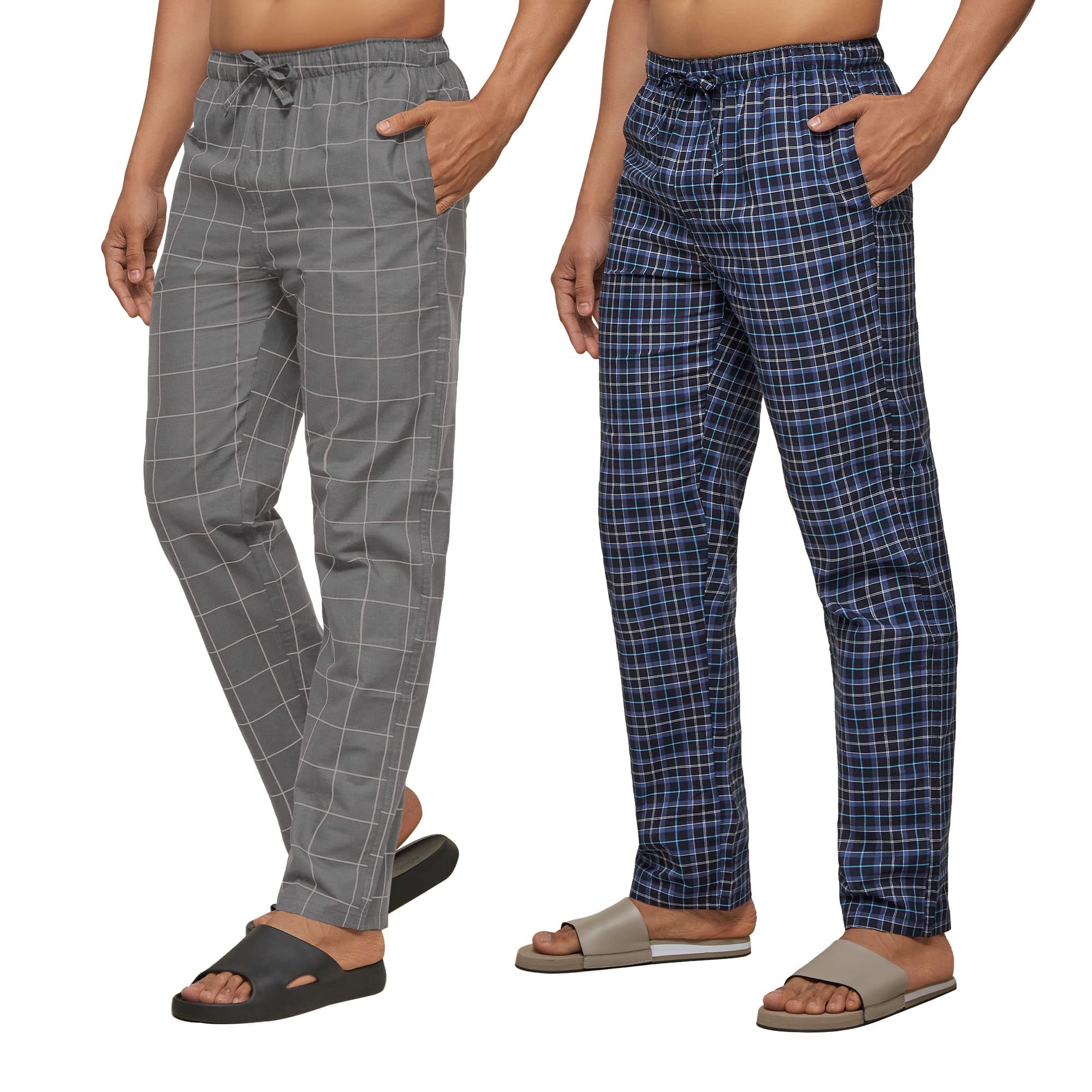 XYXX Mens Super Combed Cotton Checkered Checkmate Pyjamas [Pack of 2] Elasticated Waist, Drawstring | Loungewear for Men in Blu