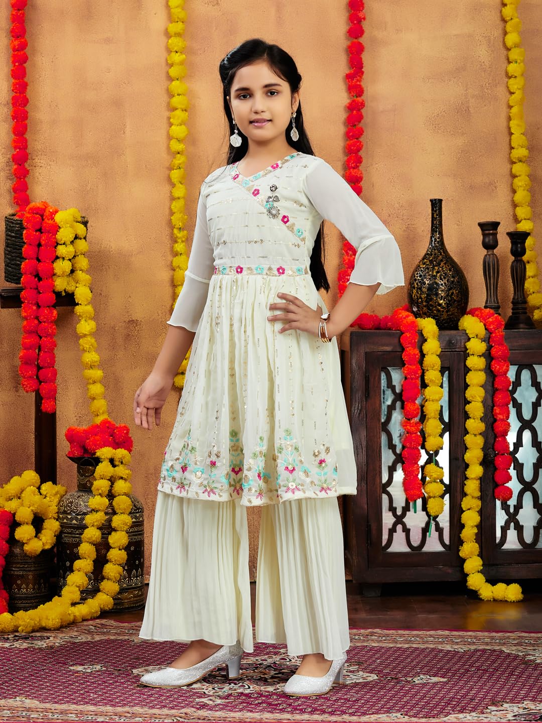 Aarika Girls Ethnic Wear Cream Colour Sequins Thread Embroidery Georgette Kurti Sharara Set