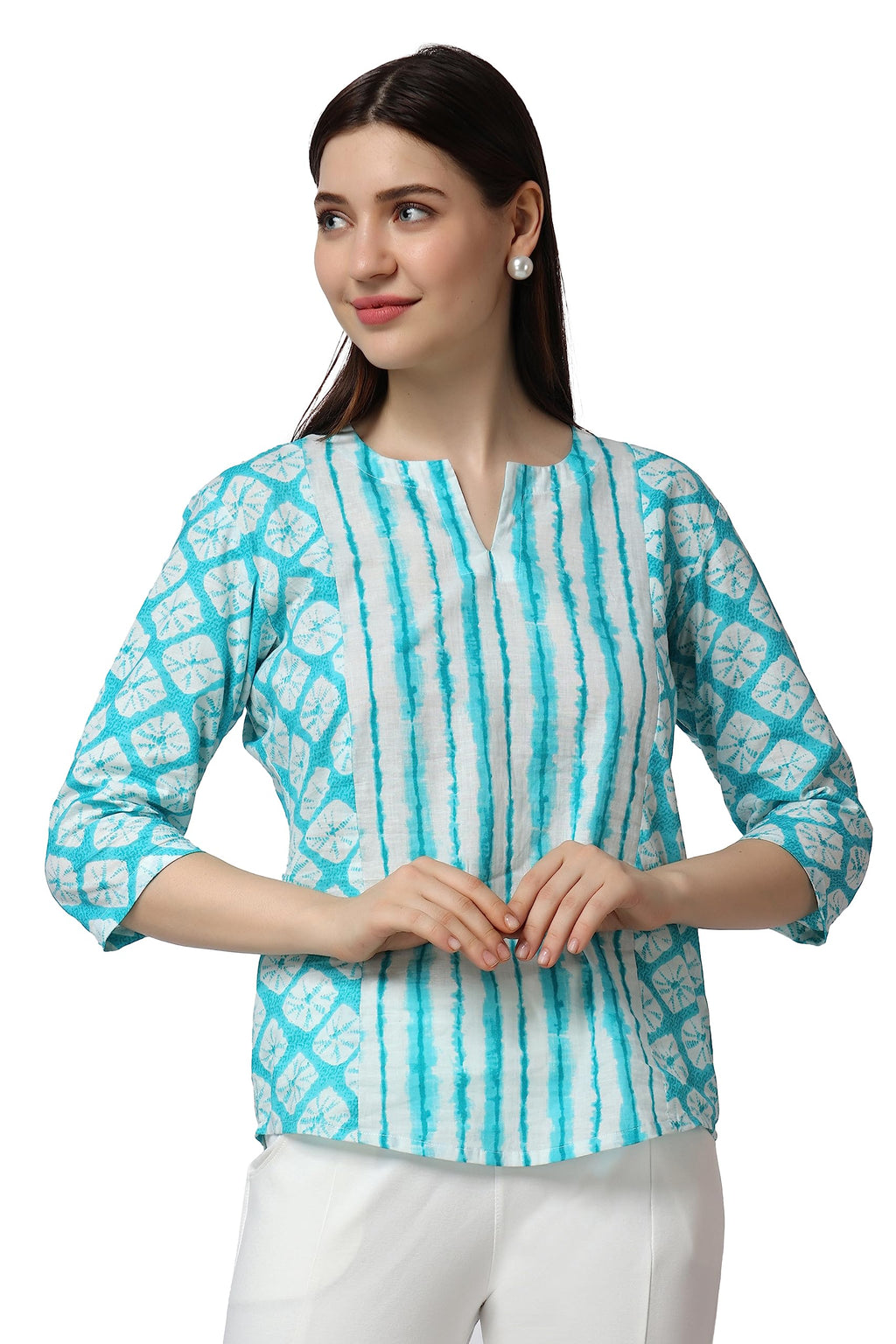 Popwings Cotton Geometric Regular Kurti (Women Printed Short Kurta_Sky Blue & White
