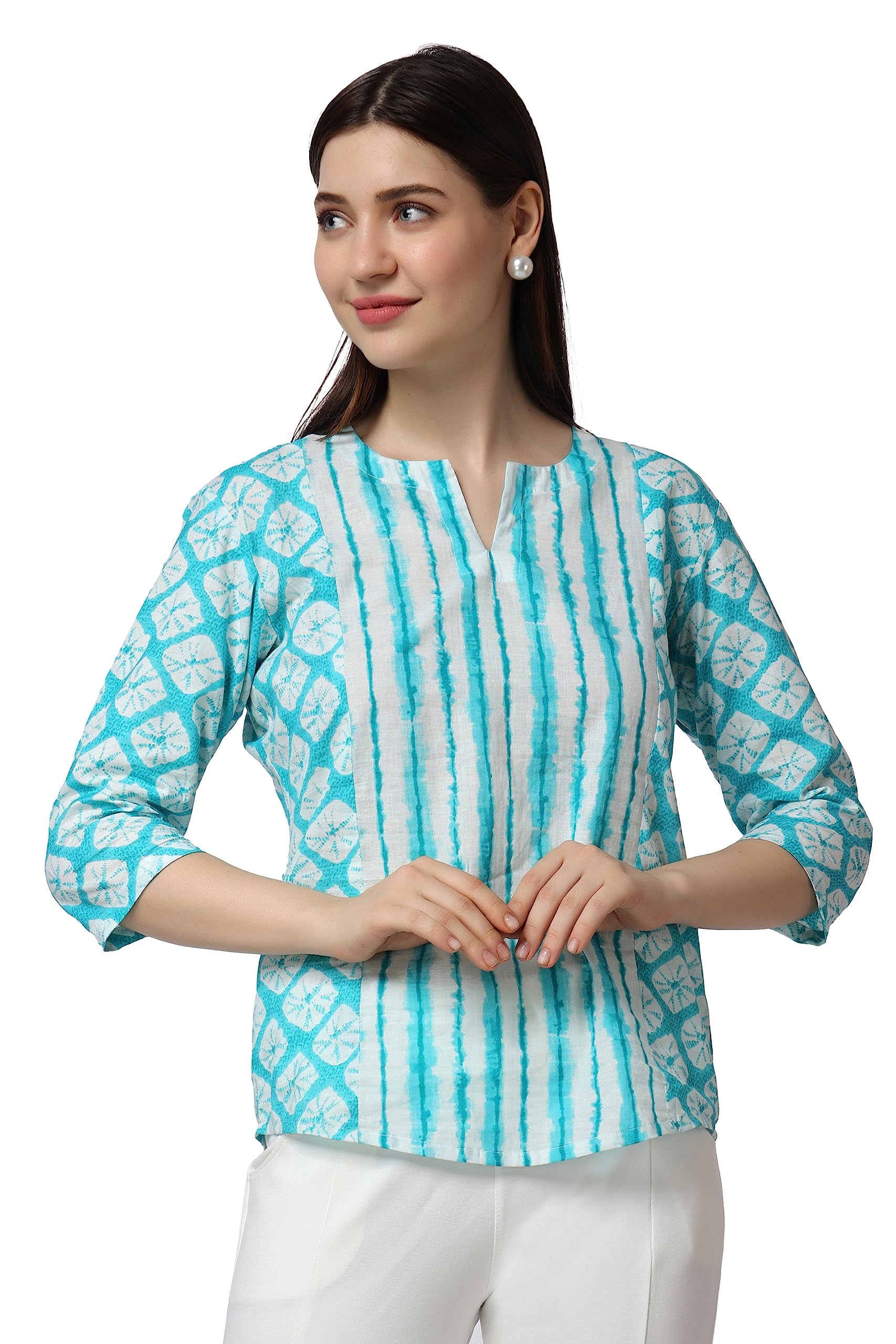 Popwings Cotton Geometric Regular Kurti (Women Printed Short Kurta_Sky Blue & White