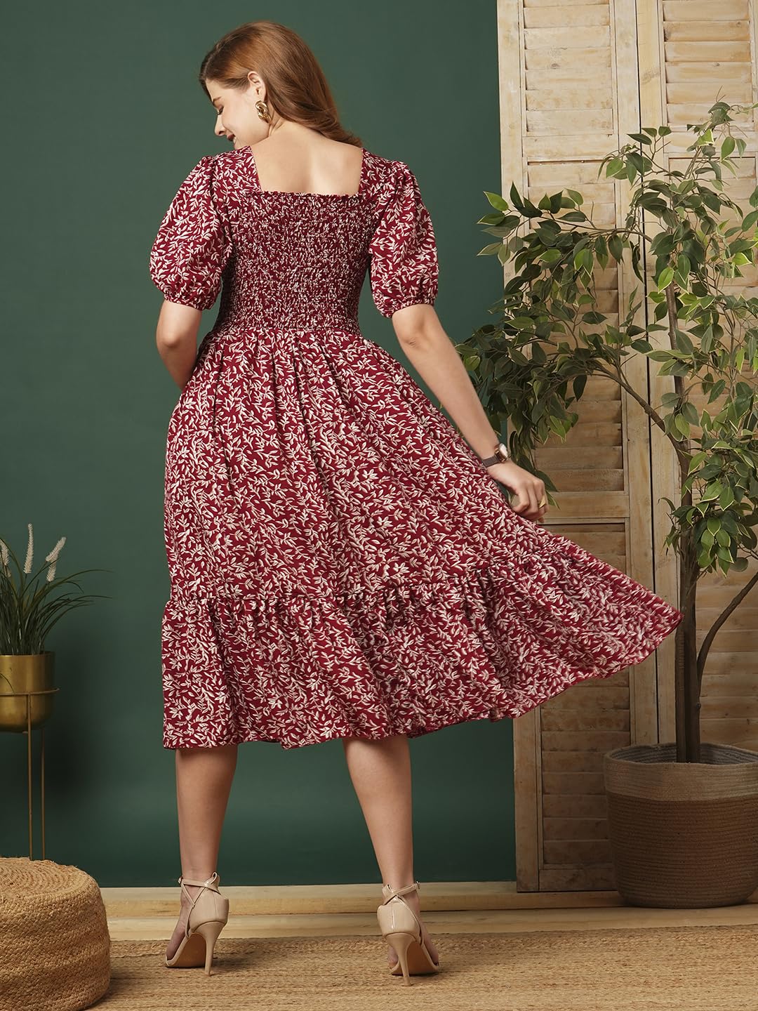 Kuduzo WomenS Crepe Maxi Dress With Half Sleeves Square Neck Line Floral Printed Pattern Maxi Length Regular Fit And Flare Maro