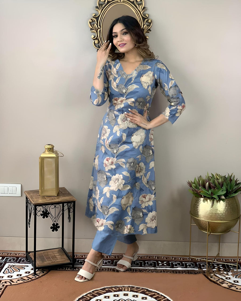ANNI DESIGNER Womens Rayon Straight Printed Kurta with Pant Set (DHUN-Blue-NW_S_Blue_Small)
