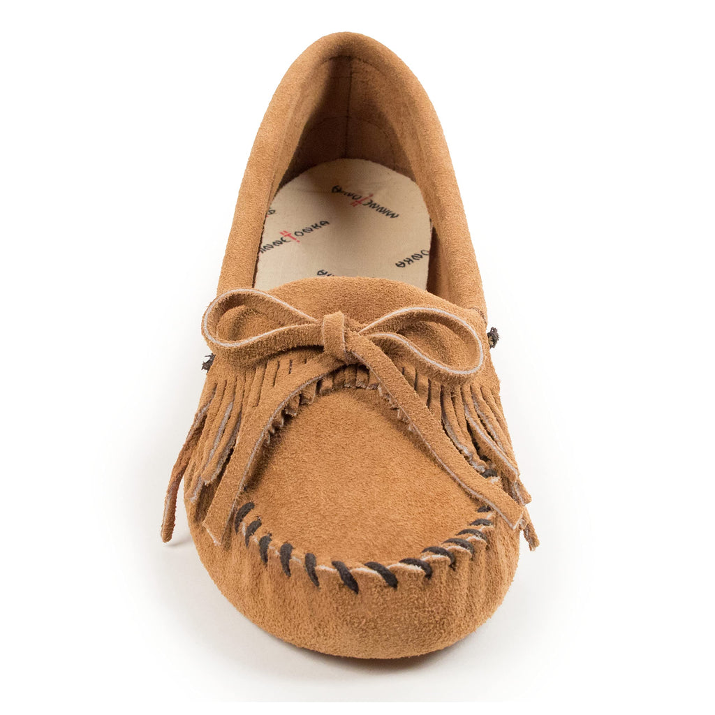 Minnetonka Women's Kilty Suede Softsole Moccasin,Taupe,6 M US